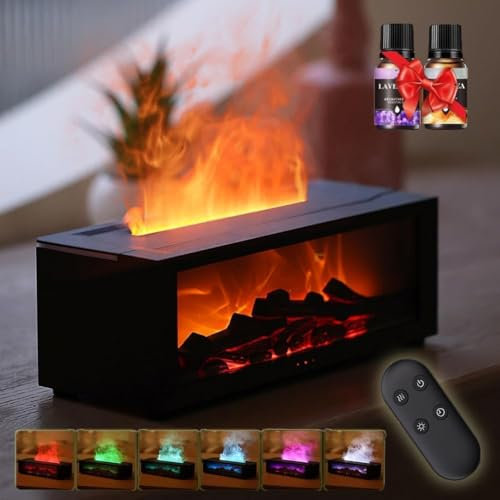 LED Kamin Flammen Aroma Diffuser Diffuser Kamin,Diffuser ätherische öle mit LED Kamin,Diffuser ätherische öle 150ml mit Fernbedienung,7 Arten LED Lichtfarben mit Timer (Schwarz (mit Aromatherapie))