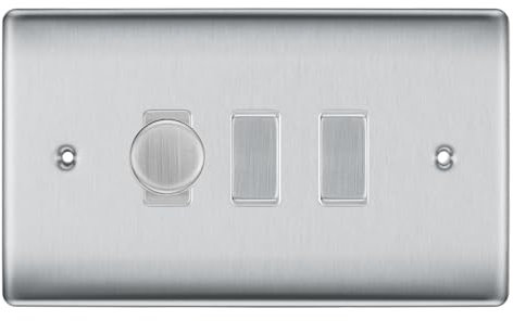 BG Brushed Steel 3 Gang Switch 1x Trailing Edge LED Dimmer 2x 2 Way Custom Grid