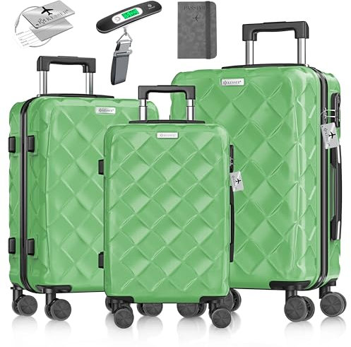 KESSER® Reisekoffer Set 3-teilig | Kofferset ABS Hartschalenkoffer mit Zahlenschloss, Kofferwaage & Reisebrieftasche 360° Rollen | Handgepäck & große Koffer für Business & Reise Trolley Apple Green