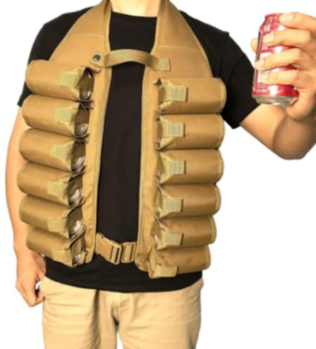 TCHAWk Tragbarer Getränkedosen Tragewesten Mit 12 Haltern, Biergürtel Für Camping Wandern, 600D Oxford Braun 17x69cm