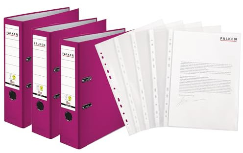 Original Falken 3er Pack PP-Color Ordner inklusive 100er Economy PP-Kunststoff Prospekthüllen transparent genarbt. Made in Germany. 8 cm breit DIN A4 Brombeere