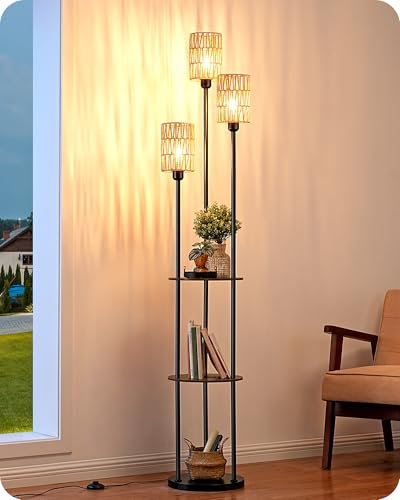 EDISHINE Lampadaire sur Pied 178 cm avec Étagère, Style Bohème, 3 Abat-Jours en Rotin, 3×E27 Ampoules Incluses, Interrupteur au Pied, Lampe Salon, Chambre, Bureau