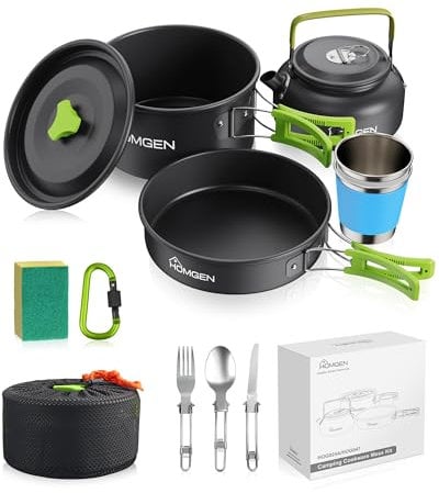 HOMGEN Juego de Cocina para Camping Set de Ollas y Sartenes de Aluminio Ligero Kit de Cocina Portátil para 2-3 Personas Incluye Olla Sartén Tetera Utensilios, Ideal para Senderismo Picnic y Aire Libre