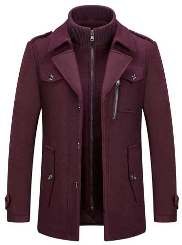 KUDORO - Cappotto da uomo in lana caldo per l'inverno, trench coat classico, parka, pardessus, caban, slim fit, business, duffle-coats, antivento, bavero, overcoat, bordeaux, L