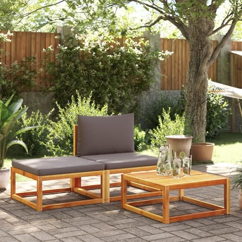 Gecheer 3-TLG. Gartenlounge Outdoor, Loungemöbel Holz, Modulares Sofa Gartenmöbel Set Holz, Gartengarnitur, Terrassenmöbel Set, Grau Kissen Massivholz Akazie