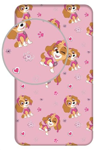 Paw Patrol Mädchen Spannbettlaken 90x200 cm | Rosa Bettwäsche mit Skye | weiches Baumwoll-Spannbetttuch für Kinder | rutschfestes Spannbetttuch für bequemen Schlaf | Paw Patrol Bettwäsche für Mädchen