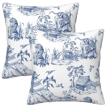 HOSTECCO Französisches Landhaus Kissenbezüge 50x50 cm 2er Set Blau Toile Samt Kissenbezüge Vintage Chinoiserie Dekorative Kissenbezüge für Sofa Couch