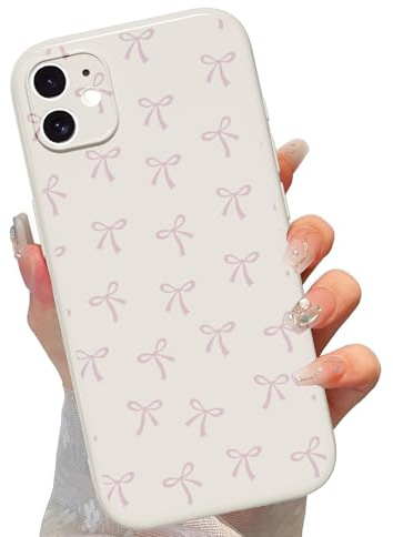 Krdvekm Handyhülle für iPhone 12 Hülle 6,1, Aesthetic Lila Schleifen Muster Motiv Design für Mädchen Schutzhülle Kameraschutz Stoßfest Weiche Silikon TPU Bumper Case, Beige