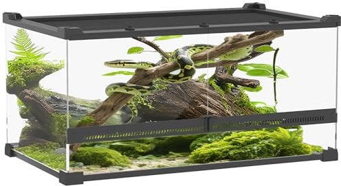 PawHut Terrarium für Reptilien Glasterrarium 34L Reptil Fütterungsbox mit Frontbelüftung, ausbruchsicherer Drehverschluss für Amphibien Spinne Schwarz 50 x 30 x 25 cm