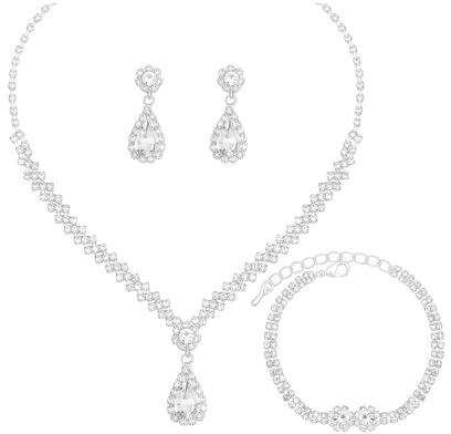 XFSRG Schmuckset für Damen Hochzeit Schmuckset Strass Halskette Armband Ohrringe Set Brautschmuck Hochwertiges Geschenk für Mädchen Frauen