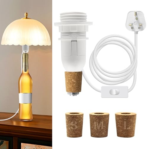 LQUNFYL Bottle Lamp Kit, 240CM Cable, E14 Lamp Holder, Bottle Light Adaptor Kit with 3 Sizes of Stoppers, Table Lamp Kits Do It Yourself, Lamp Fittings for Various Bottles, DIY Lampshade, White