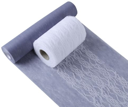 Vlies Tischläufer Rauchblau 30 cm x 25 m: Tischläufer Rauchblau & Weiße Dekorative Spitzenbänder - Dekoratives Tischband - für Geburtstage & Hochzeiten Bunte Dekoration zu besonderen Anlässen