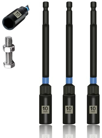 WojBear 3 Pcs 150 mm Extended Deep Socket Set 10mm, Hexagon Nut Setter Driver Drill Bits Set with 1/4 hex Shank, Long Reach Impact Driver, Nut Runners Bolt Extractor Sockets