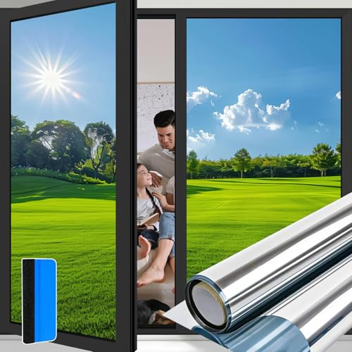 Niviy One Way Window Film 44.5 x 400 cm, Heat Control Static Cling | Reflective Privacy Film, UV Blocking, Non Adhesive, Anti Glare, Mirror Effect for Home, Office & Glass Doors