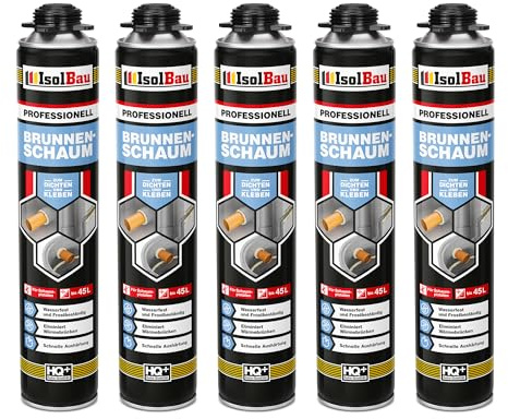 Isolbau - Brunnenschaum 1K Bauschaum Wasserdicht Aussen und Innen - Montageschaum 5 x 750 ml - PU-Schaum - Pistolenschaum Dämmschaum Isolierschaum