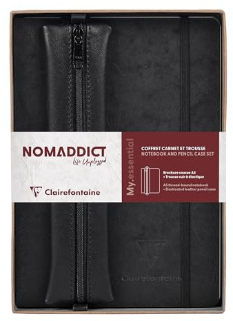 Clairefontaine 793468C - Set Nomaddict mit Notizbuch A5 My.essential liniert und Federmäppchen Schwarz, 1 Set