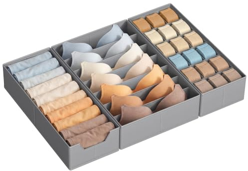 SONGMICS Schubladen-Organizer, Aufbewahrungsboxen aus Vliesstoff und PP-Kunststoff, Faltbar für Unterwäsche, 19/32 x 40 x 10 cm, 3er Set, Grau, für Kleiderschrank, Tina Kollektion RUS019GD01