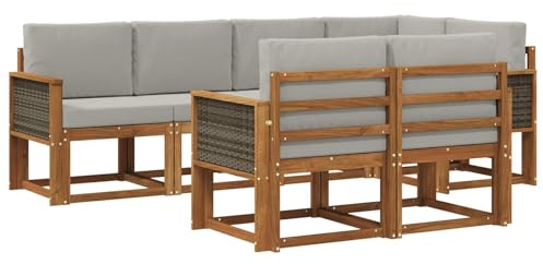 vidaXL Outdoor-Sofagarnitur 7 pcs Natürlich und Hellgrau Polyester, Stylisches Outdoor-Sofa-Set, Moderne Gartenmöbel, wetterfestes Akazienholz, modulares Sitzen für Terrasse und Lounge