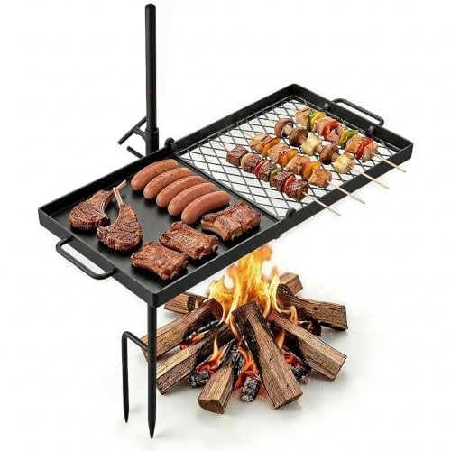 VEVOR Heavy Duty Swivel Campfire Grill, 24 Portable Camping Grill Grate & Griddle, Sturdy Steel BBQ Mesh, 360° Height Adjustable Over Fire Pit Equipment, for Outdoor Open Flame Cooking, Black