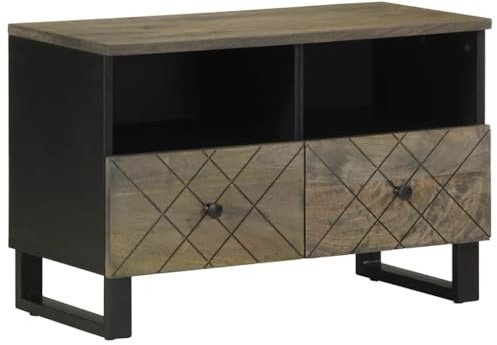 Runheo Mueble para TV negro, 70 x 33 x 46 cm, madera maciza de mango con patas metálicas, espacio de almacenamiento y estante, para salón, HiFi Rack y dispositivos multimedia