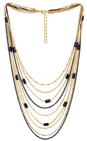 iMETACLII Schwarz Or Rose Cascade Multi Couches Long Chaîne Statement Pendentif avec Cristal Perles Charmes Collier
