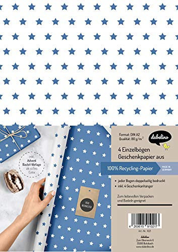 Weihnachtsgeschenkpapier-Set: Sterne (blau/ weiß): 4x Einzelbögen + 4x Geschenkanhänger