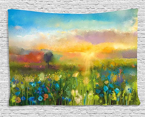 ABAKUHAUS Kunst Wandteppich, Löwenzahn blüht in der Wiese, Wohnzimmer Schlafzimmer Heim Seidiges Satin Wandteppich, 150 x 100 cm, Gelb Blau