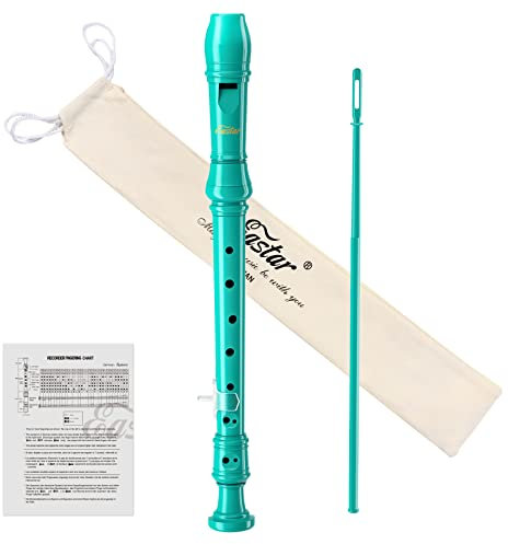 Eastar Flûte à bec soprano pour débutants, enfants, flûte à bec allemande en clé de do, nettoyage, support de pouce, sac en coton, tableau des doigtes, vert marine, ERS-21GSB
