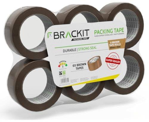 brackit  Packing  Tape  Brown 48mm x 66m, Bulk Pack of 6 Rolls – Strong Heavy Duty Packing Tape for Regular Use or Moving – Easily Seals Your Parcels and Boxes