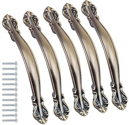 KanDery 6PCS Vintage Cabinet Handles, Furniture Door Pull Handles, Antique Bow Pulls, 128mm Hole Center, Green Bronze