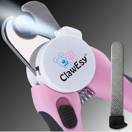CLAWESY Dog Nail Clipper with Ultra Bright LED Light for Bloodline, Stainless Steel Pet Nail Trimmer with Safety Guard, Ergonomic Handle, Free Nail File for Smooth, Easy Grooming. Dogs and Cats(Pink)