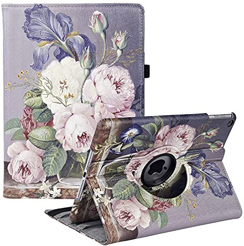 Étui Rotatif pour iPad 9e Génération 2021/iPad 8ème Génération 2020/iPad 7ème Gén 2019 – Support Rotatif à 360 Degrés avec Fonction de Mise en Veille Automatique pour iPad 10,2 (Painting Roses)