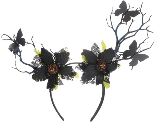 Lurrose Geweih-Blumen-Haarband, Schmetterling, Blumengirlande, Krone, Gothic, Halo, Kopfschmuck, Boho, Schmetterlinge, Elch, Geweih, Haarreifen für Halloween, Weihnachten, Party, Hut, Schwarz