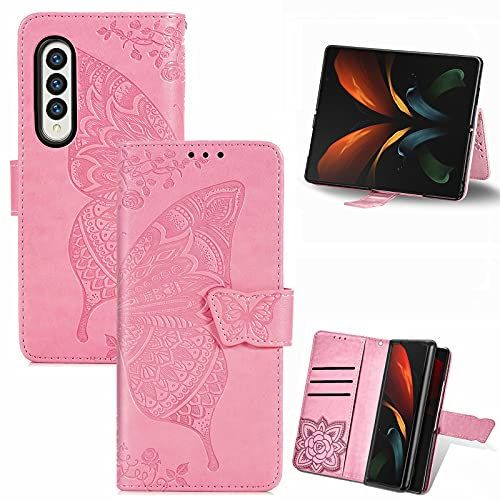 QIWEIQIN Kompatibel mit Samsung Z Fold 3 Hülle, Hülle Leder für Samsung Z Fold 3, PU Leder Handyhülle mit Kartenfächer Schutzhülle Handyhülle für Galaxy Z Fold 3 Pink SD