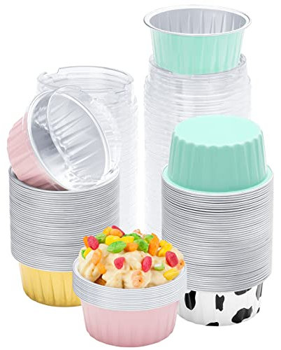 AOSYCO Dessert Cups, 100pcs 4 Colors Mixed Cupcake Containers, 5oz 125ml Disposable Aluminum Foil Pans Ramekins, Baking Cups, Muffin Liners with Lids