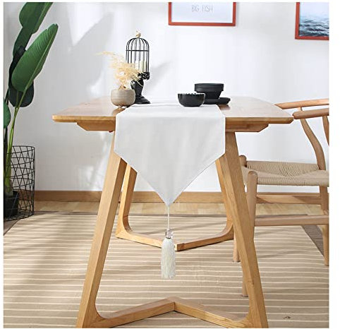 GEREP Baumwolle Tischläufer Abwaschbar Mit Quasten Tischband Tischdecke für Den Innen- und Außenbereich Tischdekoration/White / 33x100cm
