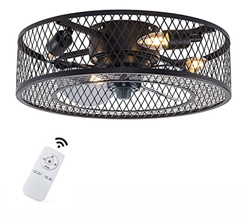 SENDERPICK Ventilador de techo de 18 pulgadas con luz de hierro – interior farol luz de ventilador industrial moderna iluminación LED remota silencioso ventilador eléctrico para interior cocina baño
