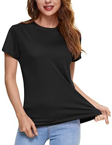 KEFITEVD Kurzarm Laufshirt Damen Rundhals Dünn Sport T-Shirt Atmungsaktiv Funktionsshirt Frauen Sommer Top Running Freizeit Schwarz M