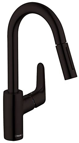 hansgrohe Focus Black Bar Kitchen Faucet, Kitchen Faucets with Pull Down Sprayer, Faucet for Kitchen Sink, Magnetic Docking Spray Head, Matte Black 04506671, 1.75