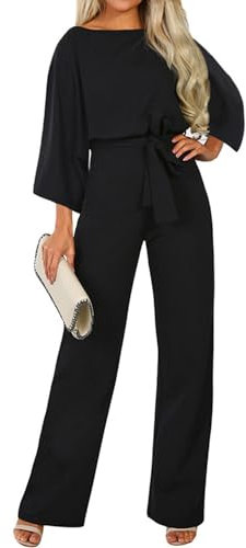 Coloody Femmes Combinaison Manches Longue Barboteuse Jumpsuit Élégant Pantalon Loose Casual Combishort avec Ceinture Black Long S