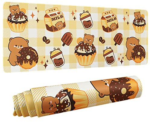 Logieut Kawaii-Bär-Gaming-Mauspad, Orange, Gelb, 31,5 x 11,8 cm, 3 mm, Gummi, Großes Mauspad, Bären-Dekor, Zubehör, Schreibtisch, PC, Laptop, Konsolen