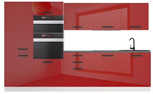 Belini Küchenzeile Küchenblock Grace - Küchenmöbel 300 cm Einbauküche Vollausstattung ohne Elektrogeräten mit Hängeschränke und Unterschränke, mit Arbeitsplatten, Rot Hochglanz