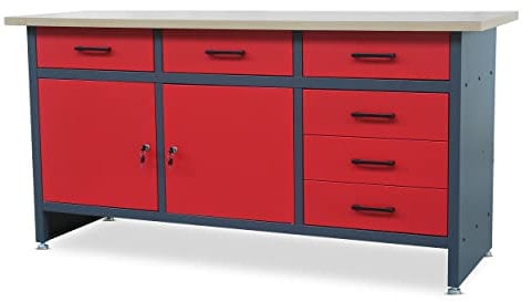 Jan Nowak Werkbank mit Arbeitsplatte Werktisch mit 6 Schubladen 2 Schließfächer Verstellbare Füße MDF-Arbeitsplatte Belastbar bis 500 kg Metall 170 cm x 60 cm x 85 cm Anthrazit-Rot