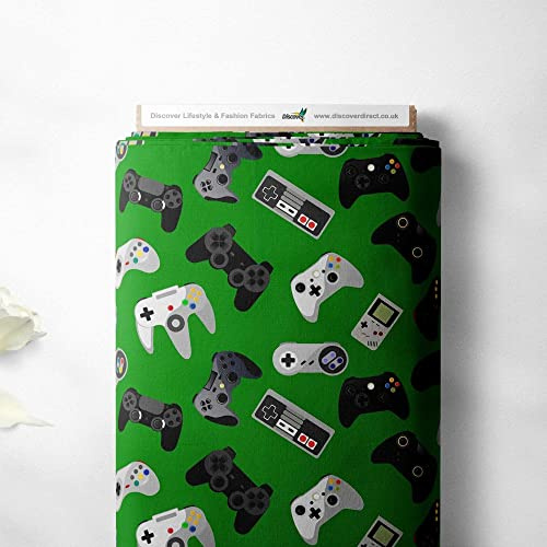 100% Cotton Gaming Controller Console Novelty Printed Design Quilting Kids Craft Dress Quality Sewing Premium Fabric Material | 55 - 140 cm Wide (per Metre, Green)