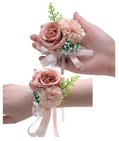 2 Stück Blumen-Ansteckblume für Handgelenk, 7.6 cm, künstliche Rose und Nelke, Handgelenk-Ansteckblume und Herren-Boutonniere-Set, Anzug, Dekoration (Roségold)