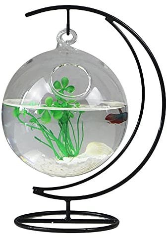 TITA-DONG Hanging Fish Tank, Small Table Glass Fish Bowl, Mini Aquarium with Stand, Desk Hanging Fish Tank Bowl with Stand, Clear Plant Terrarium for Home Tabletop Office Garden Decor(A1)