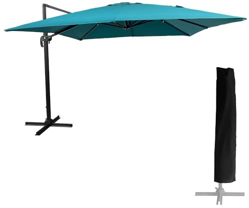 Parasol déporté MOLOKAI carré 3x3m bleu avec manivelle. Parasol déporté inclinable, rabattable et rotatif avec housse de protection.