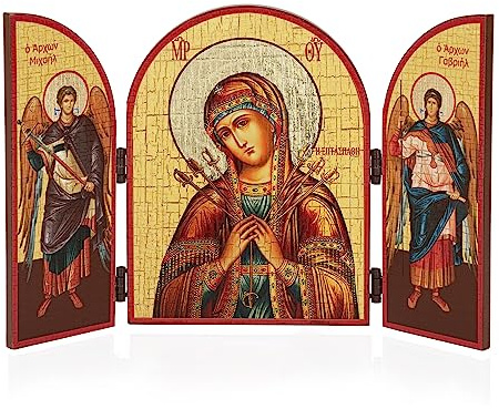 NKlaus Triptychon Mäßigung der bösen Herzen, Ikone, Holz, 25x16cm, 1 Stück | Christliches Motiv; Seitenflügel mit Michael und Gabriel