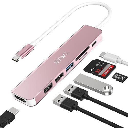 Hub USB C, JESWO 7 en 1 Adaptateur USB C avec HDMI 4K, USB 3.0, Lecteur de Cartes SD/TF, 100W PD, Adaptateur Multiport Compatible avec MacBook Pro/Air, iPad Pro, Dell XPS Appareils Type-C..(Rose)