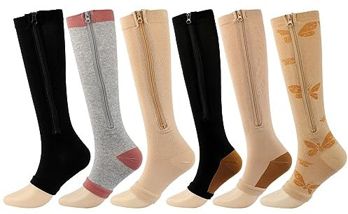 LICHENGTAI Kompressionssocken mit Reißverschluss für Damen und Herren, 6 Paar Stützstrümpfe Kompressionssocken Offene Zehenstützung Socken für Krampfadern, Ödeme, Genesung, Schwangere
